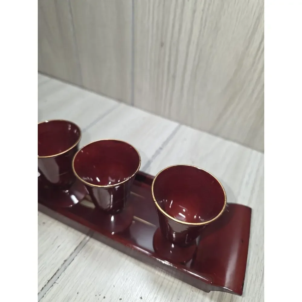 VTG Imaoka Trading Co Japan AIZU Sake Set 6 Cups Tray Deep Red Gold Beach Scene